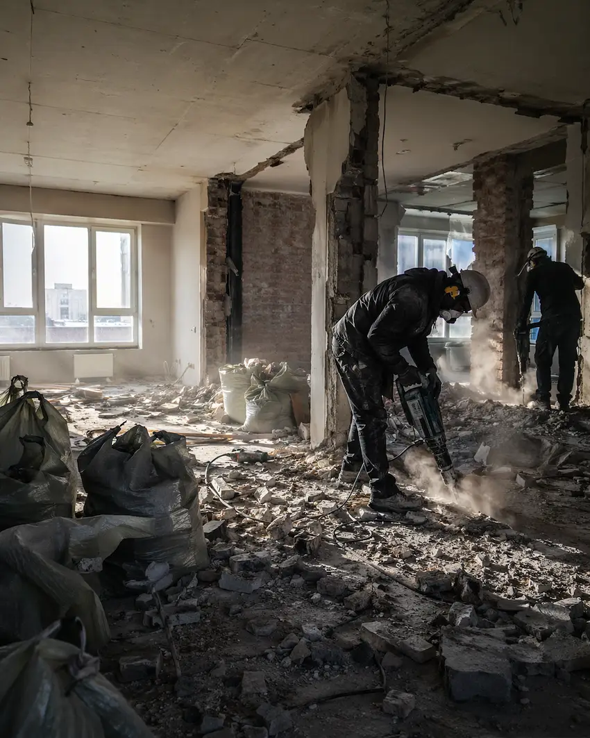 Рабочие демонтируют квартиру перед капитальным ремонтом