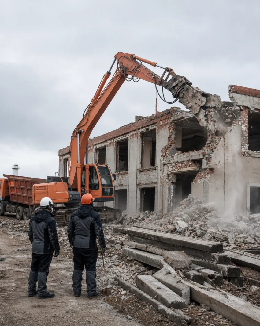 Экскаватор выполняет снос нежилого здания с погрузкой строительных отходов