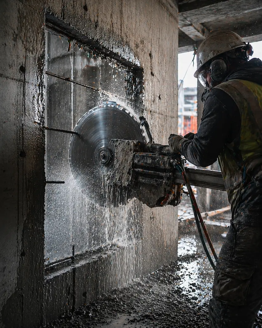 Резка бетона в строительном помещении для устройства проема