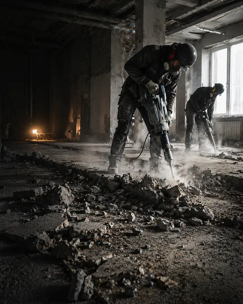 Демонтаж пола и старой стяжки отбойным инструментом