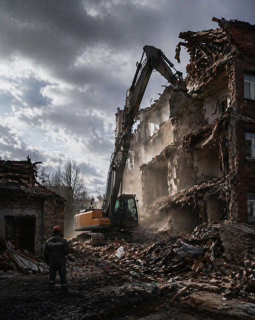 Экскаватор сносит здание при демонтаже на объекте