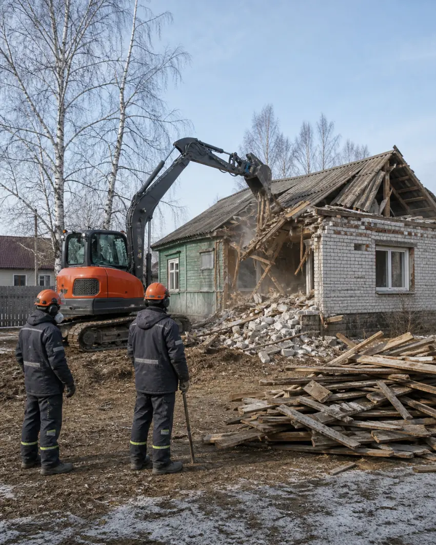 Механизированный снос частного дома на участке в Тюмени