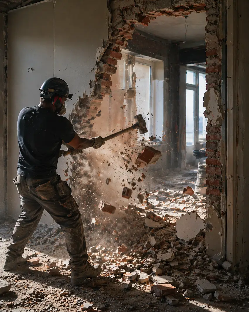 Разрушение стены в процессе демонтажных работ